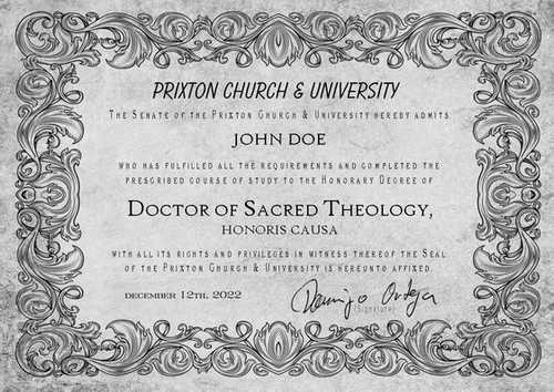 Doctorate degree, doctor of theology, honorary degree, free doctor degree, church, certificate